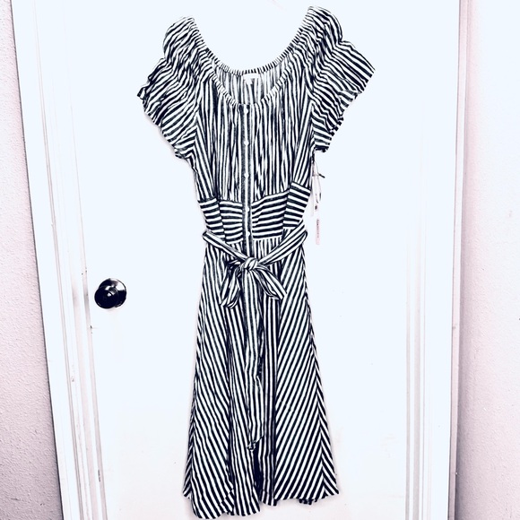 Gibson Latimer Blue and White Striped Midi Buttons Front Beach Dress - Picture 1 of 8